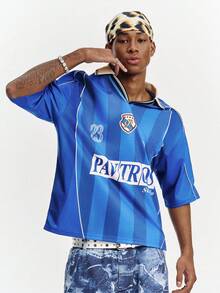 PAVTROS 男士休闲时尚街头数字字母条纹印花Polo衫，夏季 - 藍色 - 查看 2