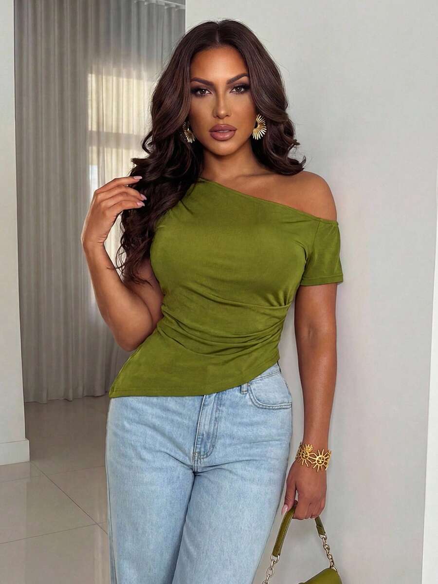 Xyvia Women's Fashion Satin Elastic Waist Irregular Hem Short Sleeve Romantic Elegant Casual Commute Date Party Dinner Top, Spring/Summer - Green - View 1