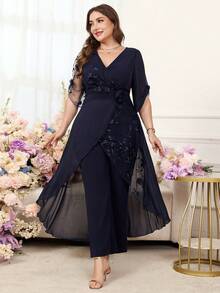 SHEIN Clasi Quần liền thân nữ cỡ lớn cổ chữ V phối lưới, kiểu dáng thường ngày. - Màu xanh hải quân - Xem 4