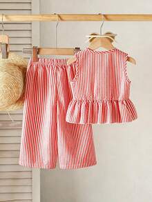 SHEIN Playful Pals 2件套女婴幼儿/新生儿0-3岁春夏休闲甜美日常度假条纹梭织无袖上衣和阔腿裤两件套 - 彩色 - 查看 2