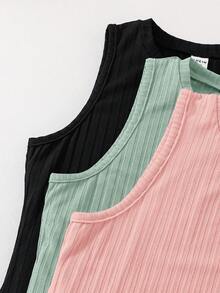 SHEIN Conjunto de 3 vestidos casuales sin mangas de cuello redondo de punto de unicolor para niñas preadolescentes - Multicolor - Ver 4
