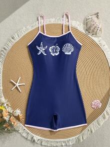 Swim SPRTY Bộ đồ bơi liền thân kẻ sọc nhiều màu sắc in hình vỏ sò và sao biển mới nhất mùa Xuân/Hè 2026, đồ bơi nữ, đồ bơi màu xanh navy, trang phục đi biển. - Xanh đậm - Xem 7
