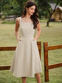 Vintamour 复古优雅女士连衣裙，带口袋和纽扣，休闲度假夏季女装，浪漫连衣裙，夏季连衣裙，沙滩装，90年代风格女装，优雅夏季服装，春季女装，春季连衣裙，夏季度假连衣裙，沙滩裙，太阳裙，蓝色连衣裙，复活节连衣裙，夏季女装，绿色连衣裙 - 杏色 - 查看 6