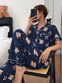 SHEIN Bộ đồ ngủ tay ngắn in họa tiết gấu và nơ - Màu xanh hải quân - Xem 5