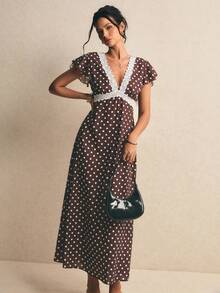 Poéselle 女士优雅波点印花撞色蕾丝长连衣裙，夏季 - 棕色 - 查看 3