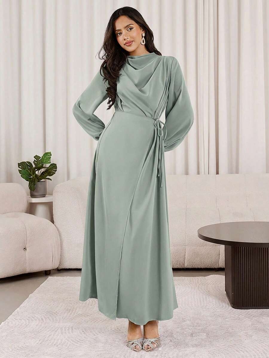 Veilorie 女士优雅简约纯色垂褶灯笼袖裹身系带阿拉伯风格连衣裙，春秋季