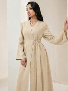 Veilorie Women's Solid Color Metal Waist Design Loose Arabic Abaya - Apricot - View 3