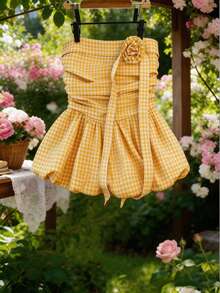 GlowEve Áo croptop dáng rộng kẻ caro màu vàng tươi dành cho nữ - Màu vàng - Xem 1