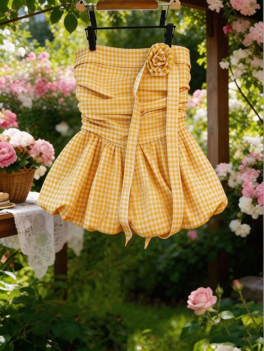 GlowEve Áo croptop dáng rộng kẻ caro màu vàng tươi dành cho nữ - Màu vàng - Xem 1