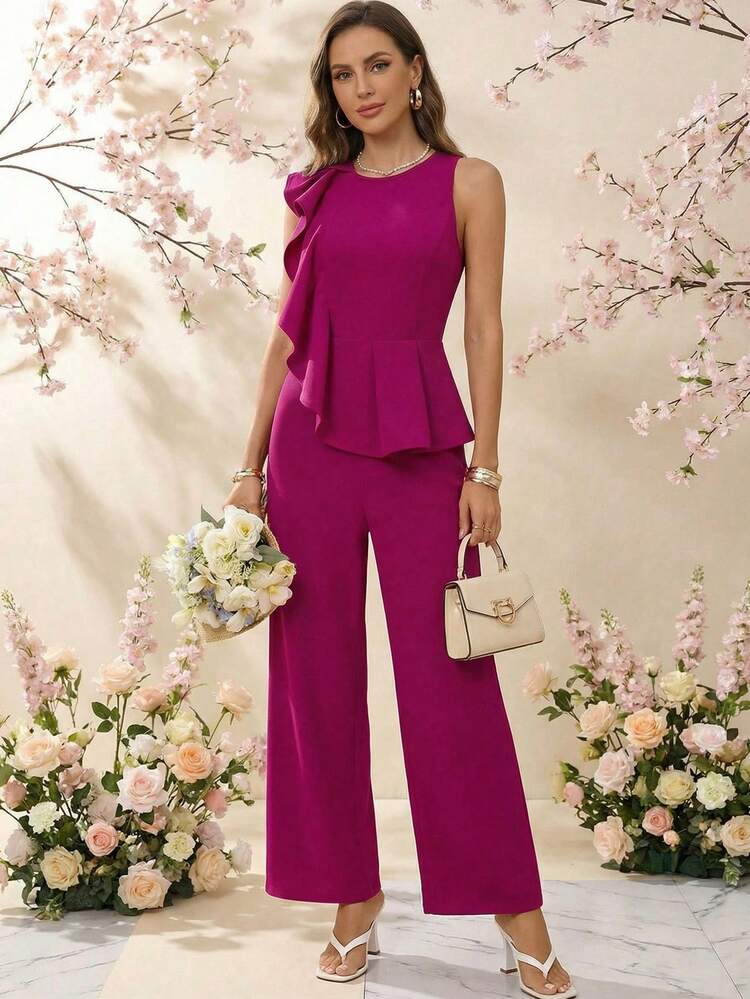 Editum Tuta elegante da donna con balze asimmetriche sul fondo, senza maniche, colore viola-rosso - Viola rosso - Visualizzare 10