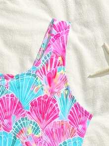 SHEIN Tween Girl Shell Print One-Piece Swimsuit, Criss-Cross Back Design, Round Neck, Fashionable, Casual, Elegant, Suitable For Swimming, Summer Vacation, Beach Swimsuits For Kids Girls Swimsuits Swimsuit For Tweens Bathing Suits For Teens Full Coverage - Multicolor - View 5