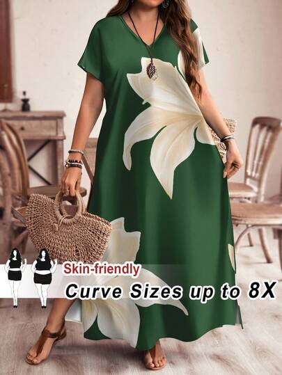 SHEIN CURVE+ Đầm maxi dài ngang gối in họa tiết chanh khắp thân, kiểu dáng maxi đi biển, có đường xẻ bên hông, thích hợp cho kỳ nghỉ hè và thu, kiểu dáng đồng quê cho người có thân hình đầy đặn, trang phục đi biển Hoho cho nữ/đầm đi biển/trang phục nghỉ mát đi biển/đồ cần thiết đi biển/đầm tốt nghiệp/đầm dự tiệc trà