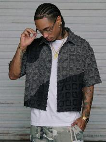 AXEPEAK 男士拼接毛边下摆单排扣短袖衬衫，适合旅行和聚会等多种场合 - 黑色 - 查看 1