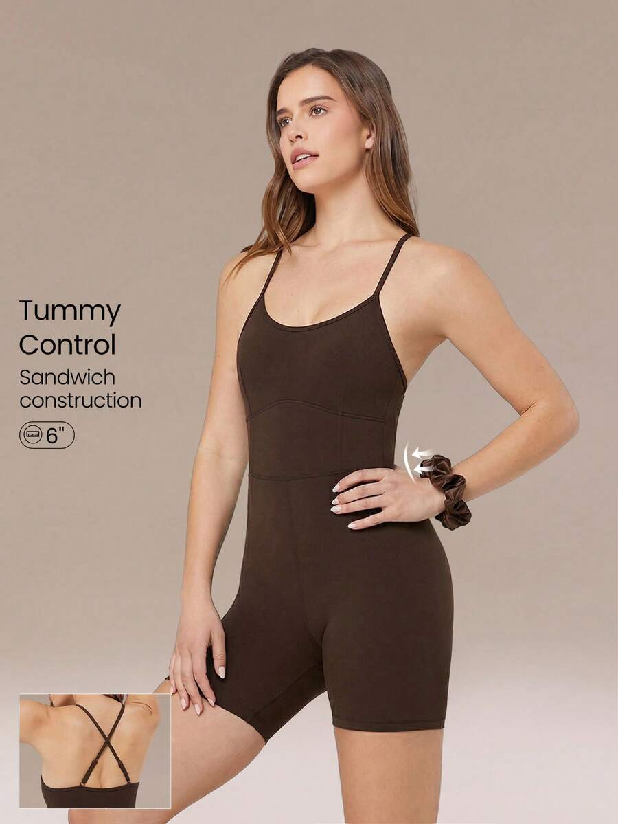 SHEIN GLOWMODE X Marika Sila 6英寸 FeatherFit™ 塑身连体衣，可调节肩带，适合收腹、低强度运动、瑜伽等日常穿着，夏季款 - 巧克力棕 - 查看 1