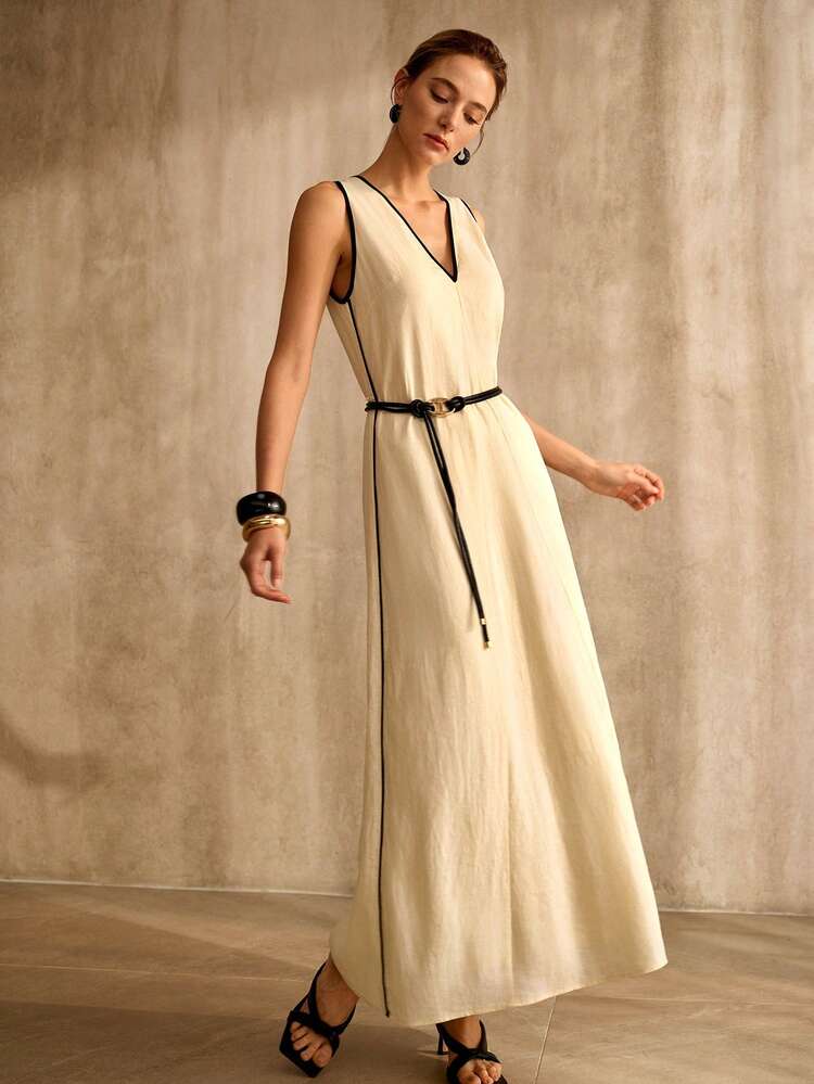 WOMEN'S SPRING/SUMMER VISCOSE LINEN BLEND COLOR BLOCK DESIGN WITH BELT LONG DRESS