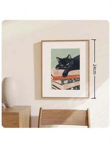 1幅无框黑猫爱书人海报墙画，帆布油画，书堆图案，书虫艺术画，适用于客厅、公寓、家居装饰 - 彩色 - 查看 2