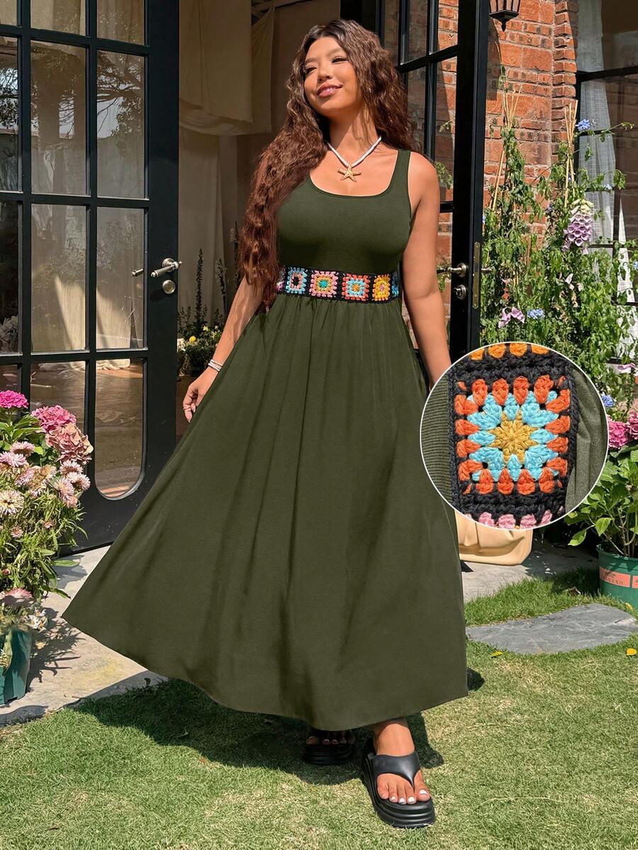 SHEIN EZwear 大码军绿色连衣裙:无袖圆领梭织面料连衣裙,饰有钩编细节,适合夏季穿着 - 軍綠色 - 查看 1