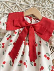 女童优雅圆领爱心网纱花瓣袖蝴蝶结前襟休闲时尚连衣裙，适合度假、旅行、生日礼物、夏季穿着 - 紅色 - 查看 3