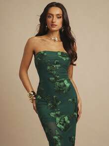 Silquee Vestido ajustado con parches de malla y diseño floral 3D sin tirantes - Verde Oscuro - Ver 5