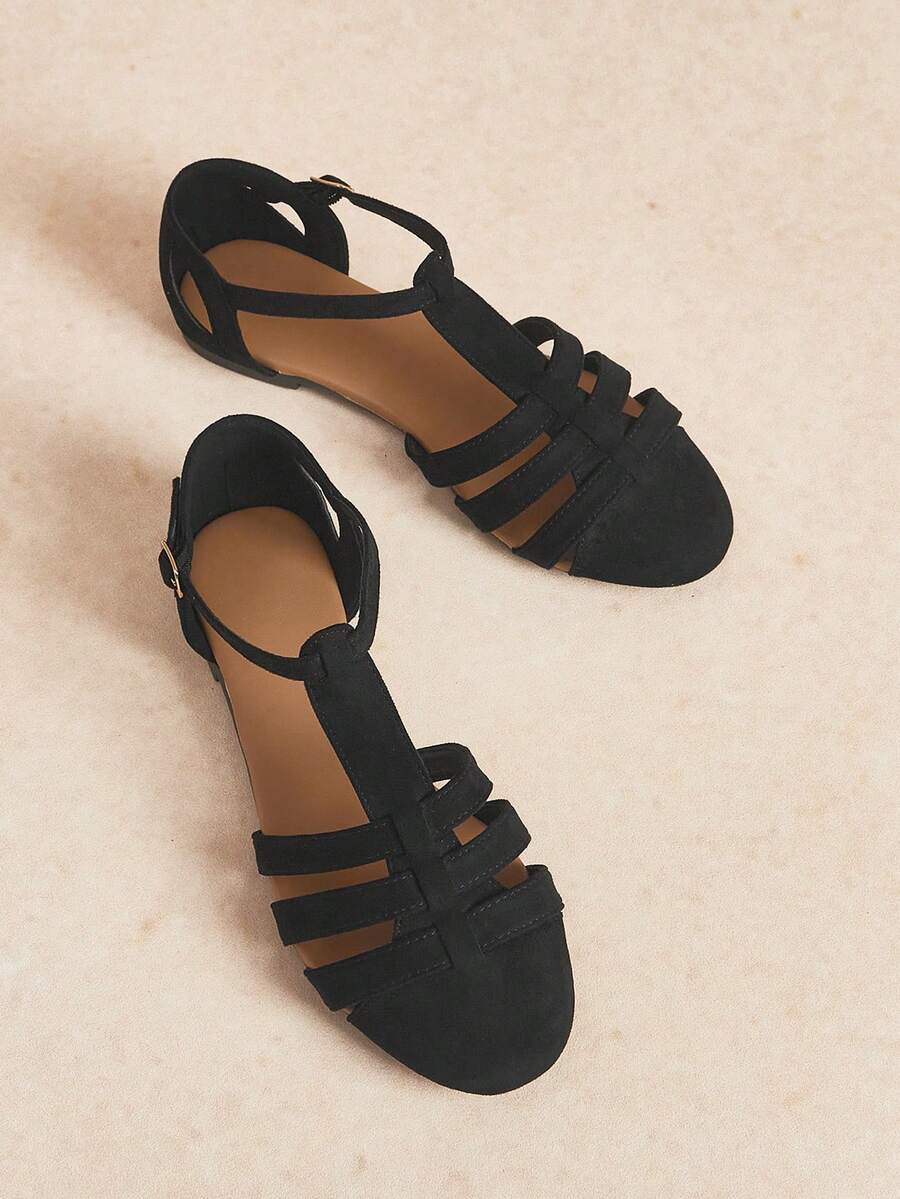Rosivie 夏季新款罗马凉鞋,黑色麂皮镂空设计,日常通勤平底女鞋 - 黑色 - 查看 1