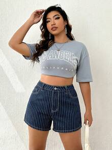 Elaquor Quần short denim dáng rộng, kẻ sọc, có túi, đa năng dành cho nữ cỡ lớn. - Rửa tối - Xem 3