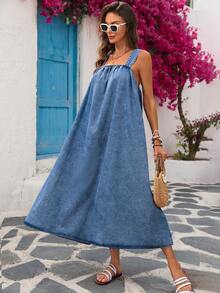 Đầm denim nữ kiểu slip dress hở lưng buộc dây, thích hợp cho kỳ nghỉ. - Rửa trung bình - Xem 4