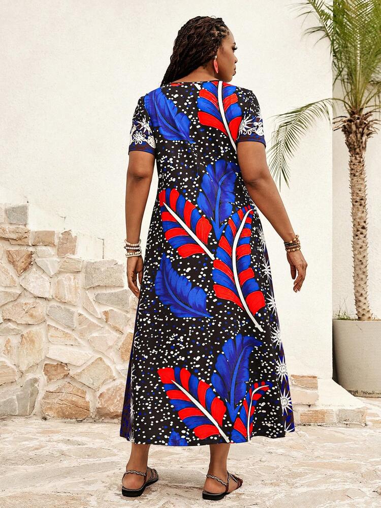 Plus Size Women Feather Print Short Sleeve Casual Dress