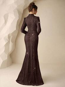 Coutiva Elegant High Neck Long Sleeve Mermaid Formal Evening Dress,Sequin Embroidery Pearl Rhinestone Design Ball Gowns For Wedding Guests & Dinner Parties - Brown - View 2