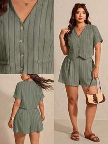 Elaquor Plus Size Women Striped Short Sleeve Button-Up Shirt And Shorts Casual 2-Piece Set - Army Green - View 1
