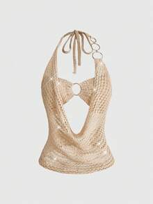 ROMWE Y2K 女士性感露背吊带镂空针织短款上衣 - 杏色 - 查看 1