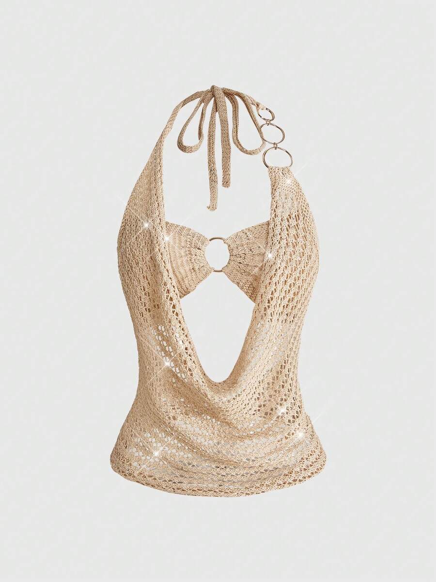 ROMWE Y2K 女士性感露背吊带镂空针织短款上衣 - 杏色 - 查看 1