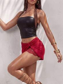 Glamine Minifalda sexy de cintura baja con parches de encaje asimétricos, falda con abertura en el muslo, falda roja, falda de bikini, falda con ribete de encaje, minifalda, falda con inserciones de encaje, falda estilo Y2K, conjuntos de verano sexy para mujer, faldas envolventes para mujer, conjuntos de verano para mujer, conjuntos de vacaciones para mujer - Rojo - Ver 4