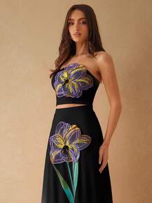 Silquee Top bandeau de moda con decoración floral 3D para mujer - Negro - Ver 6