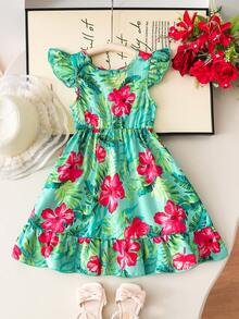 SHEIN 女童夏季热带花卉圆领荷叶袖露背蝴蝶结腰部荷叶边下摆休闲时尚连衣裙，适合休闲、度假、旅行，优雅百搭。 - 綠色 - 查看 7