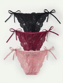 3pcs Của phụ nữ Ren Quần lót Thong Quần lót không đường may Với Bên Cà vạt Và Hoa Chi tiết Đồ lót - Nhiều màu - Xem 2