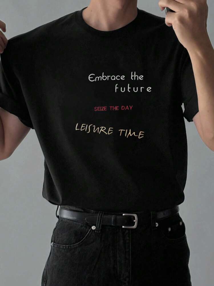 Black Letter Embroidery Short Sleeve T-Shirt For Men