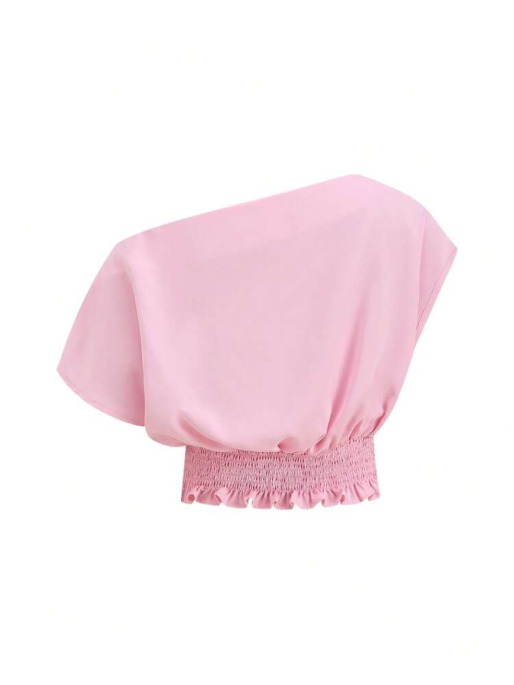 SHEIN Ellevyn Bộ đồ 2 mảnh thanh lịch dành cho nữ, gồm áo hai dây màu trơn, thiết kế bất đối xứng vai, thắt eo và chân váy ngắn đính sequin họa tiết hoa. - Màu Hồng baby - Xem 2