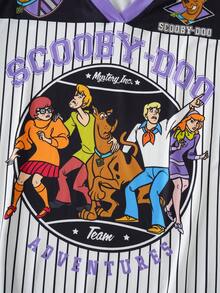 SCOOBY-DOO X SHEIN 大码女式条纹短袖休闲V领T恤 - 黑與白 - 查看 3