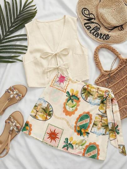 Travachic Women's Plus Size V-Neck Sleeveless Cardigan Vest Top With Bow Tie Front And Short Skirt Set, Elegant Vacation Beach Holiday Spring Summer Outfit Women's Set Summer Outfits For Women Vacation Outfits Women Two Piece Set Women Holiday Outfits For Women Beach Outfits For Women Women's Cruise Outfit