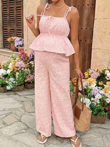 SHEIN Bộ đồ bầu 2 món gồm áo tank top buộc dây vai và quần cạp chun điều chỉnh được, chất liệu jacquard. - Màu Hồng baby - Xem 4