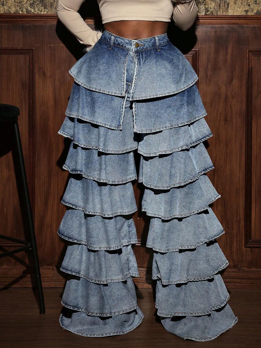 Slaydiva Quần jeans ống rộng cạp cao nhún bèo thường ngày cho nữ - Màu xanh lam - Xem 1