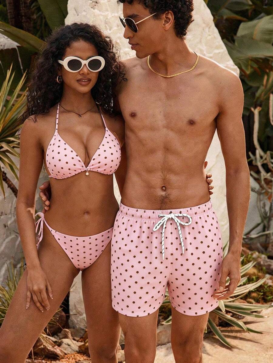 Manfinity VDAYZ 男士抽绳松紧腰波点宽松休闲沙滩短裤，夏季 - 彩色 - 查看 1