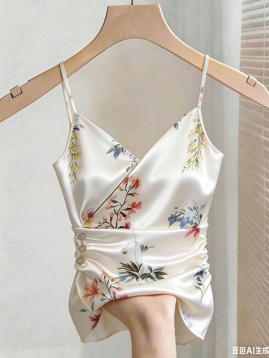 GlowEve Camiseta de tirantes con estampado floral y detalle de cintura fruncida, ideal para vacaciones. Top de satén blanco adelgazante para el verano - Blanco - Ver 1