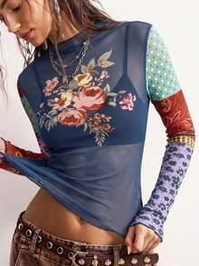 Bohemela Áo kiểu nữ tay dài ôm dáng, cổ đứng, in họa tiết hoa, chất liệu lưới, thời trang. - Màu xanh hải quân - Xem 2