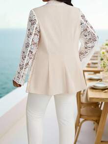 Dripcurv Women's Elegant Summer Beige Knitted Lace Blazer,Long Sleeve Lapel Plus Size Jacket For Wedding,Tea Party,Holiday,Commuting Office Work - Multicolor - View 2