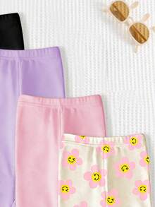 SHEIN Playful Pals 4 pièces Ensemble de leggings/pantalons/collants élastiques de couleur unie pour bébé fille, design graphique mignon à fleurs et visage, tenues de printemps et d'été, vêtements décontractés, ensemble de vêtements pour bébé fille - Multicolore - Voir 6