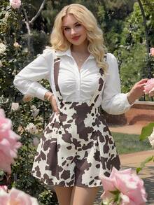 SHEIN MOD Bộ áo liền quần dáng vintage xếp ly hai hàng cúc màu kaki dành cho nữ cỡ lớn, thích hợp cho mùa hè. - Đen và trắng - Xem 7