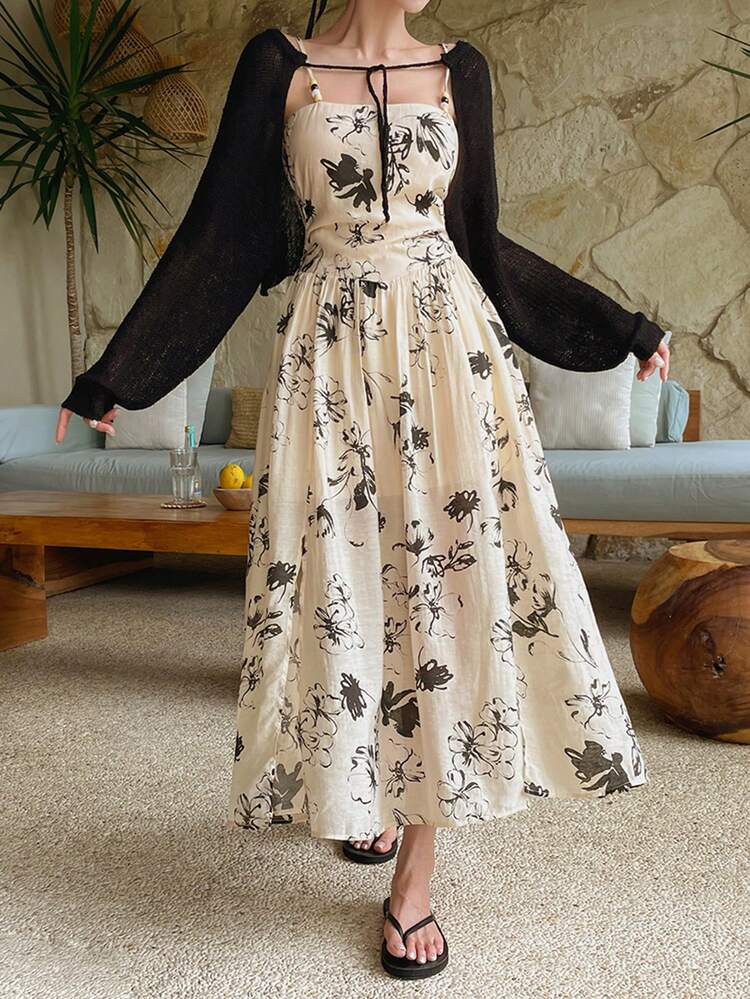 Women's Floral Print Pleated Casual Minimalist Party & Travel Long Strap Dress Sun Dresses For Women Vacation Outfits Women Summer