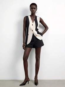 Maija 女士双色拼接无领V领纽扣背心工作外套（秋冬季款） - 彩色 - 查看 2