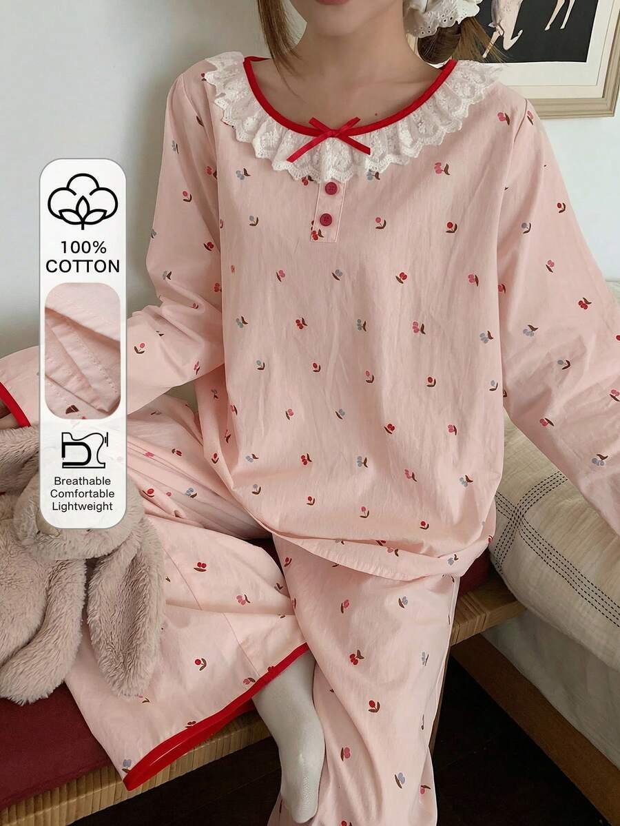 DAZY 2pcs Sweet Ditsy Floral Embroidered Ruffle Collar Contrast Trim Loose Pajama Set For Women, Spring - Baby Pink - View 1